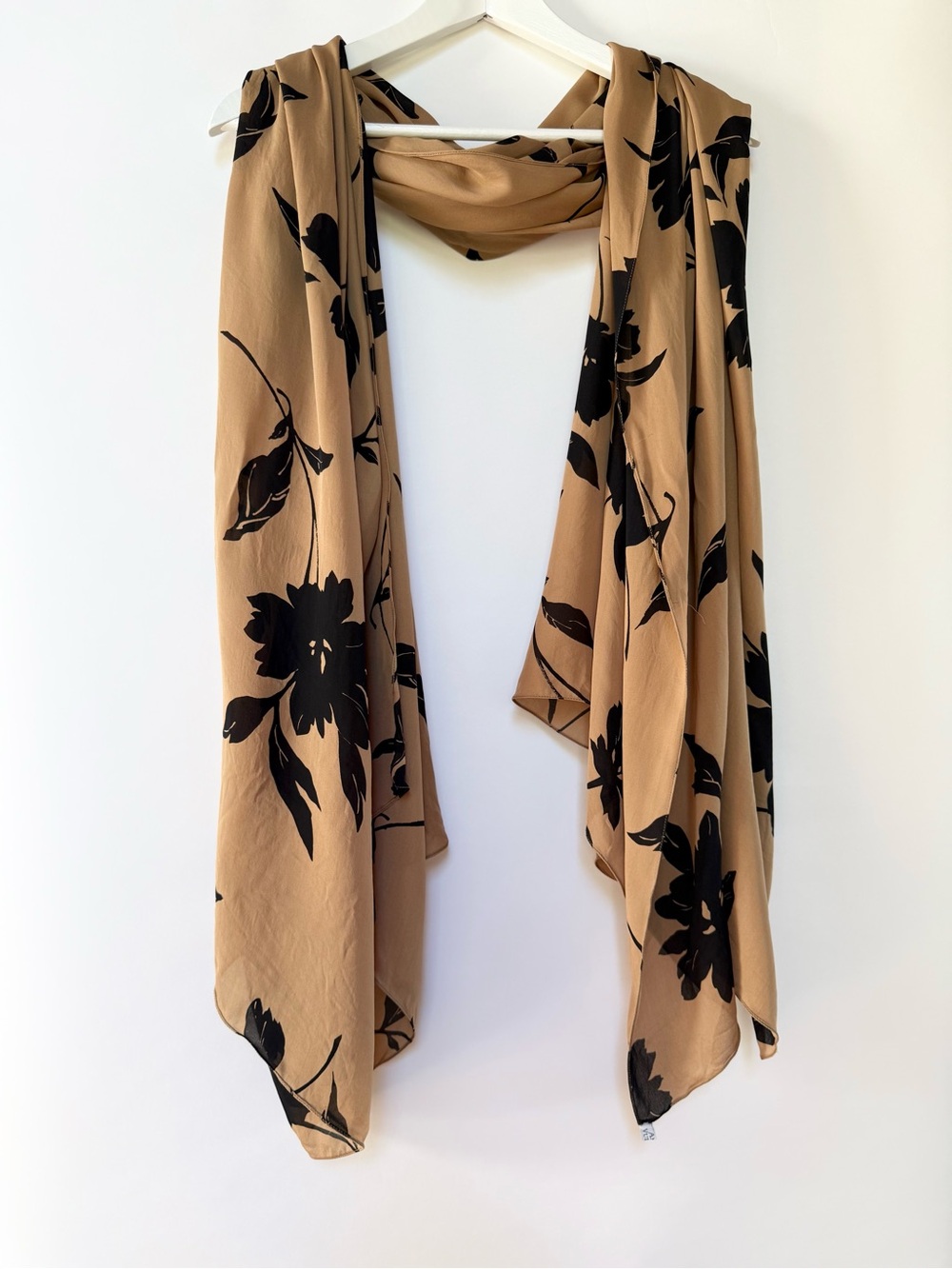 Vintage Tan Scarf with Black Floral Print